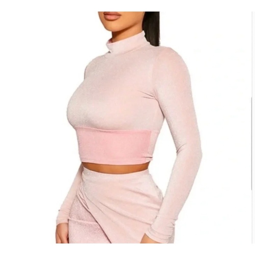 Naked Wardrobe On the Glow Sparkle Long Sleeve Crop Top Pink Blouse Size Small